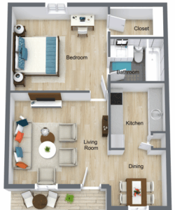 Falls of Village Key 1 Bedroom 1 bath 730 Sq.Ft Floor Plan